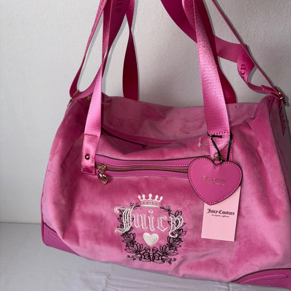 Juicy Couture Velour Duffle Bag Pink Heart Charm Crown Logo Detachable Strap